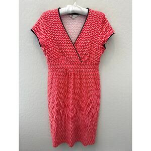BODEN Red Wave Print Knit Dress Flattering V-Neck Summer Casual | Size 8